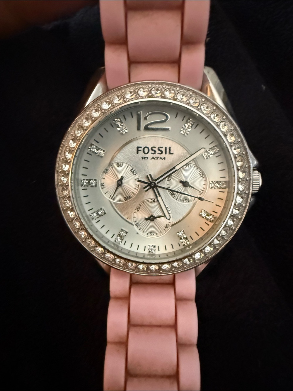 Fossil Pink Silicone Strap Watch with Crystal Bezel